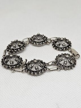 Vintage Silver Tone Filigree Link Bracelet Boho Ethnic Disc